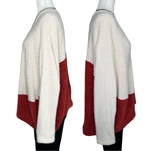 Bucket List Sweater 2 Tone V Neck Eyelash Knit Colorblock Ivory Orange Red Large - Picture 4 of 14